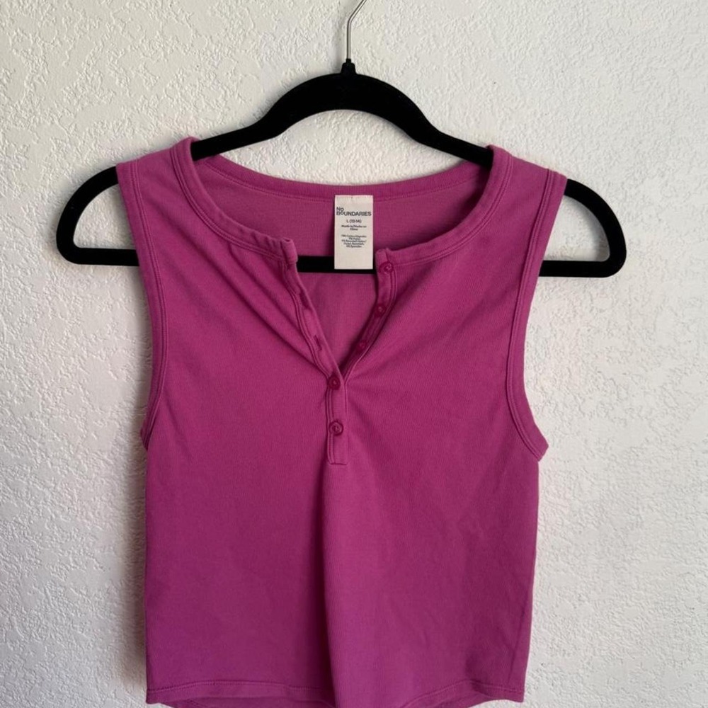 Hot Pink Ribbed Henley Crop Tank Top Fitted Y2K Baby Tee Style XS
